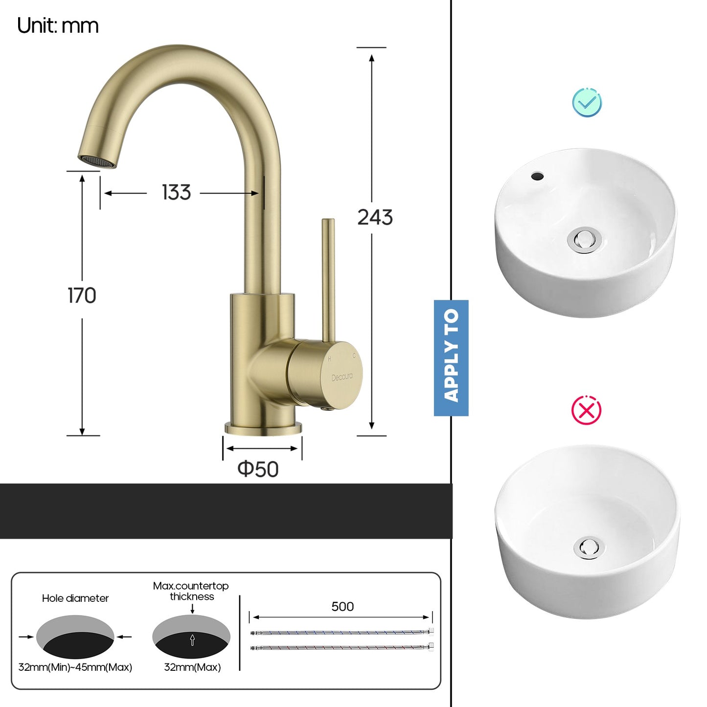Decaura Bathroom Basin Vanity Mixer Tap Brushed Nickel/Chrome/Black/Brushed Gold