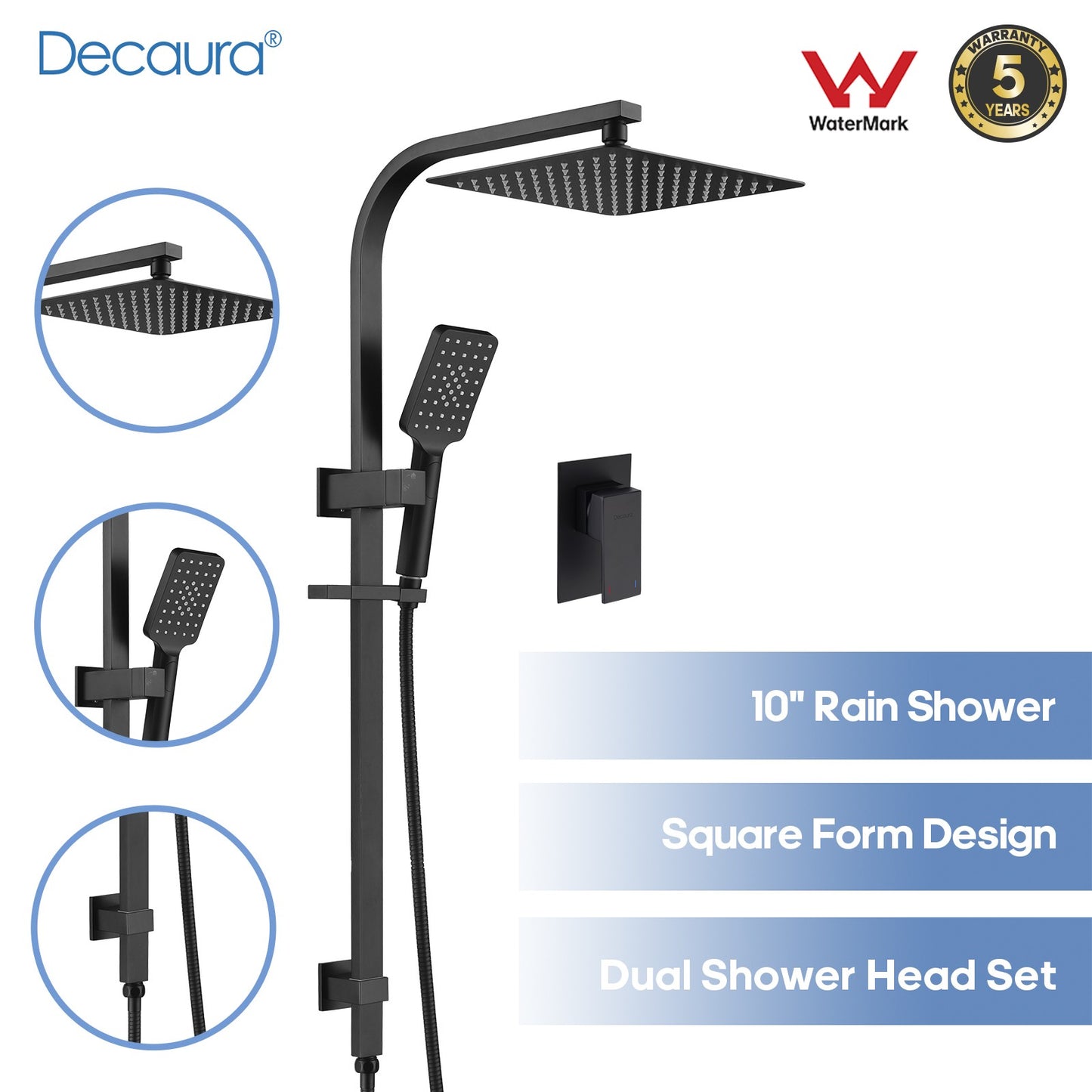 Decaura 10" Rain Shower Head Set Black Square with/without Shower Taps Bathroom