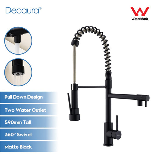 Decaura Spring Kitchen Mixer Tap Pull Out Black with 2 Water Outlet Swivel Arm