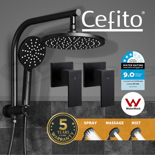 Cefito 9'' Rain Shower Head Taps Round Handheld High Pressure Wall Black