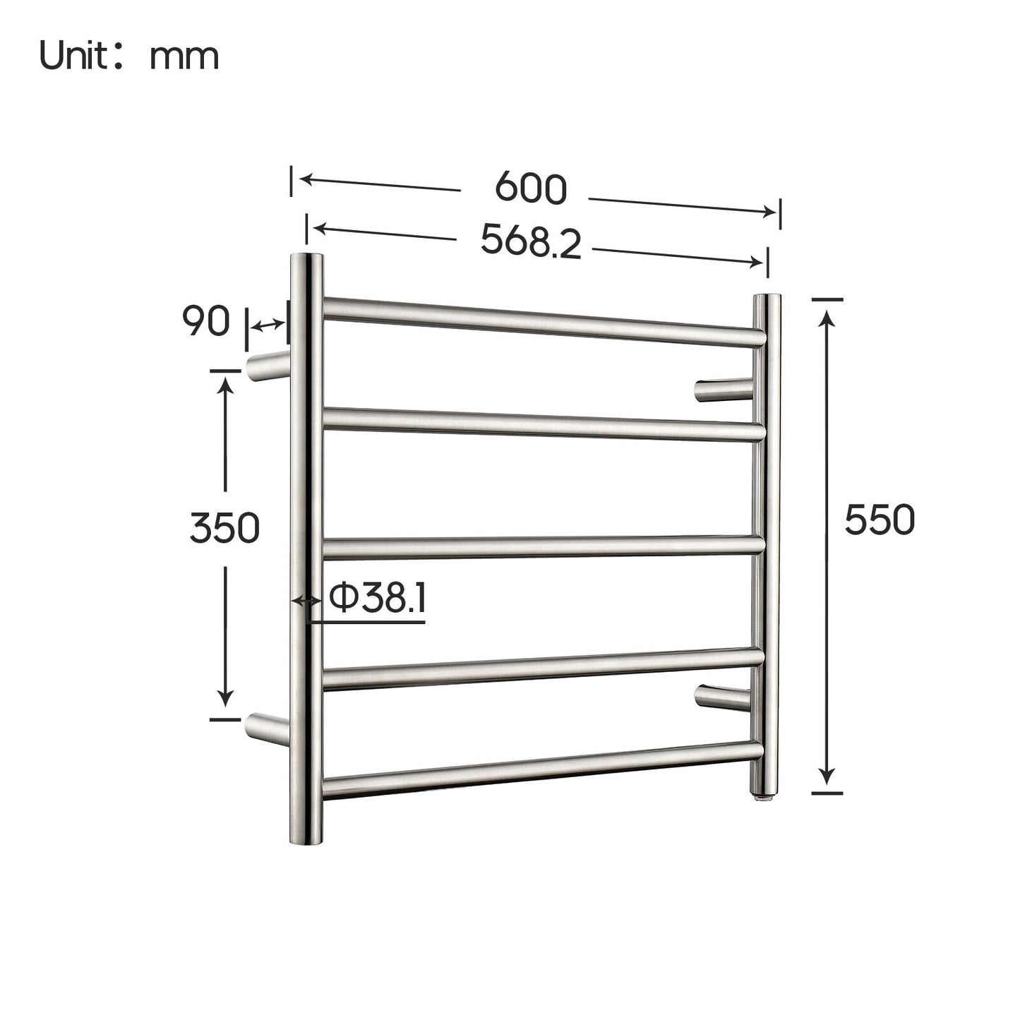 Decaura Wall Mounted Heated Towel Rail 5 Bar 304 Stainless Steel Brushed Round