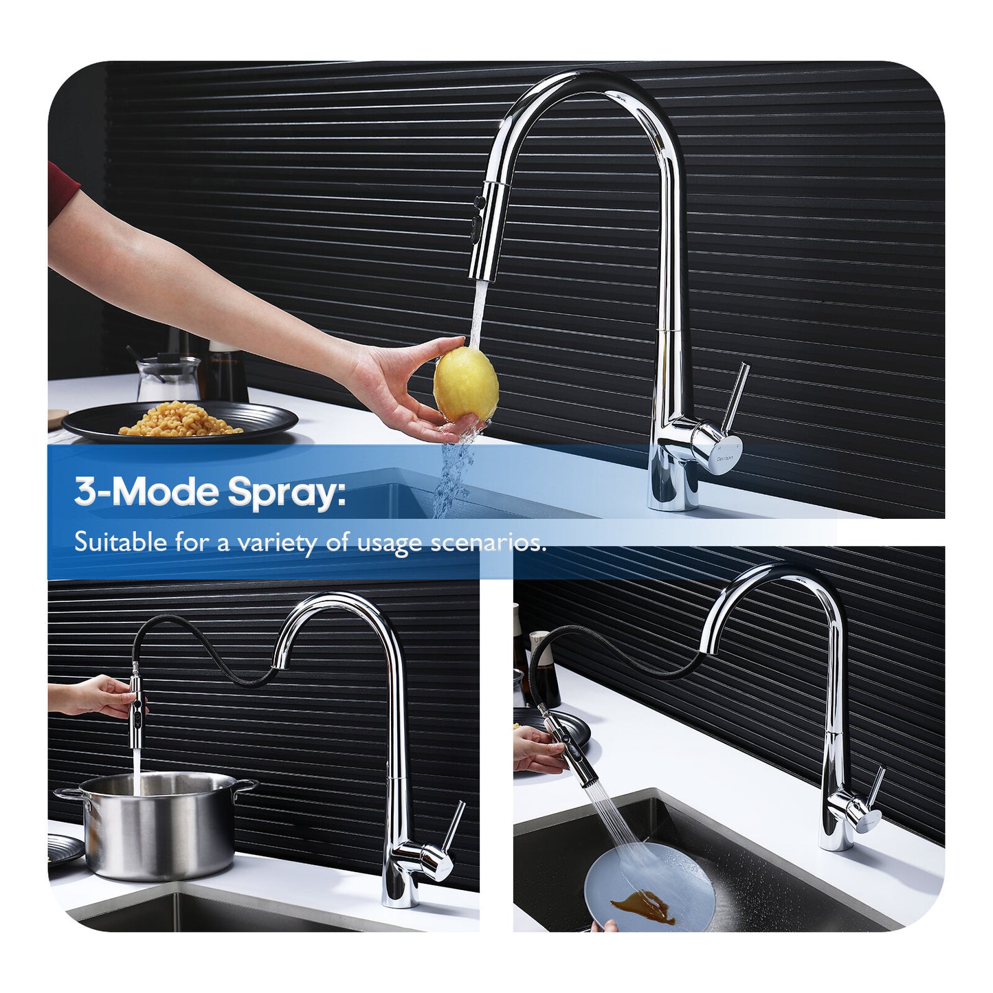 Decaura Kitchen Tap Pull Out Sink Mixer Spray Head 3-Mode Stainless Steel Chrome