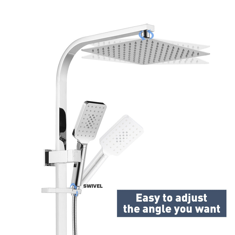 Decaura Square 10" Rain Shower Head Rail Set Dual 2 in 1 Gooseneck Arm Chrome