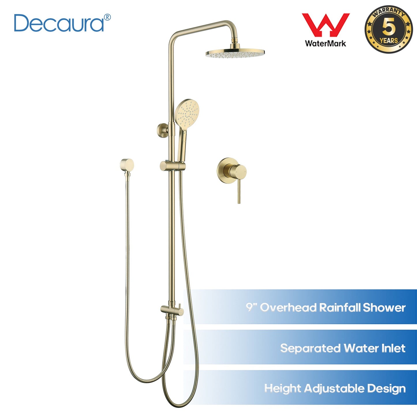 WELS 9" Rain Shower Head Set Brushed Gold Separate Water Inlet Shower Mixer Taps