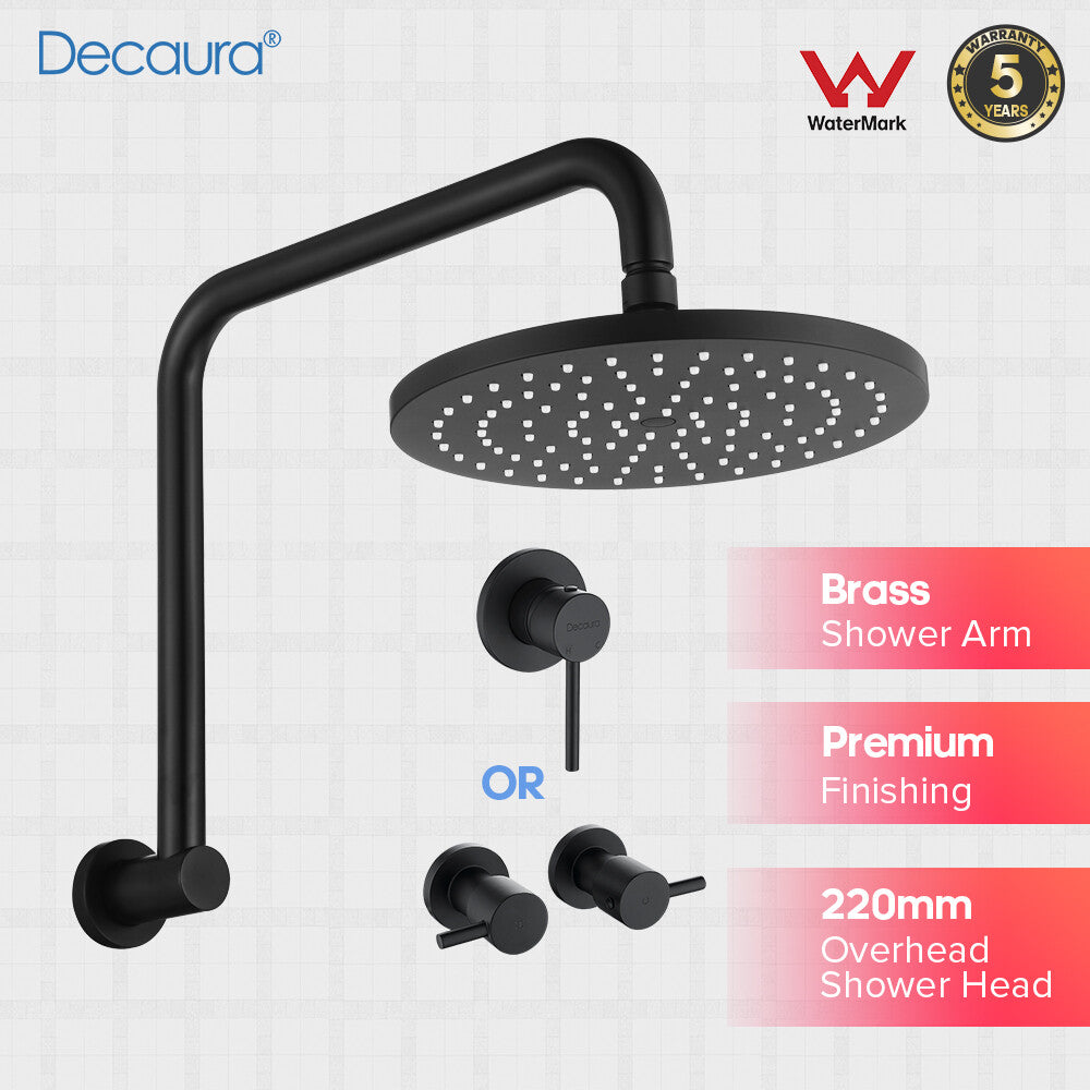 Decaura 9" Rain Shower Head Set Brass Gooseneck Shower Arm Shower Mixer Black