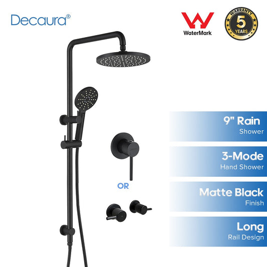 Decaura 9" Rain Shower Head Set Black Round Long Rail Gooseneck Arm Bathroom
