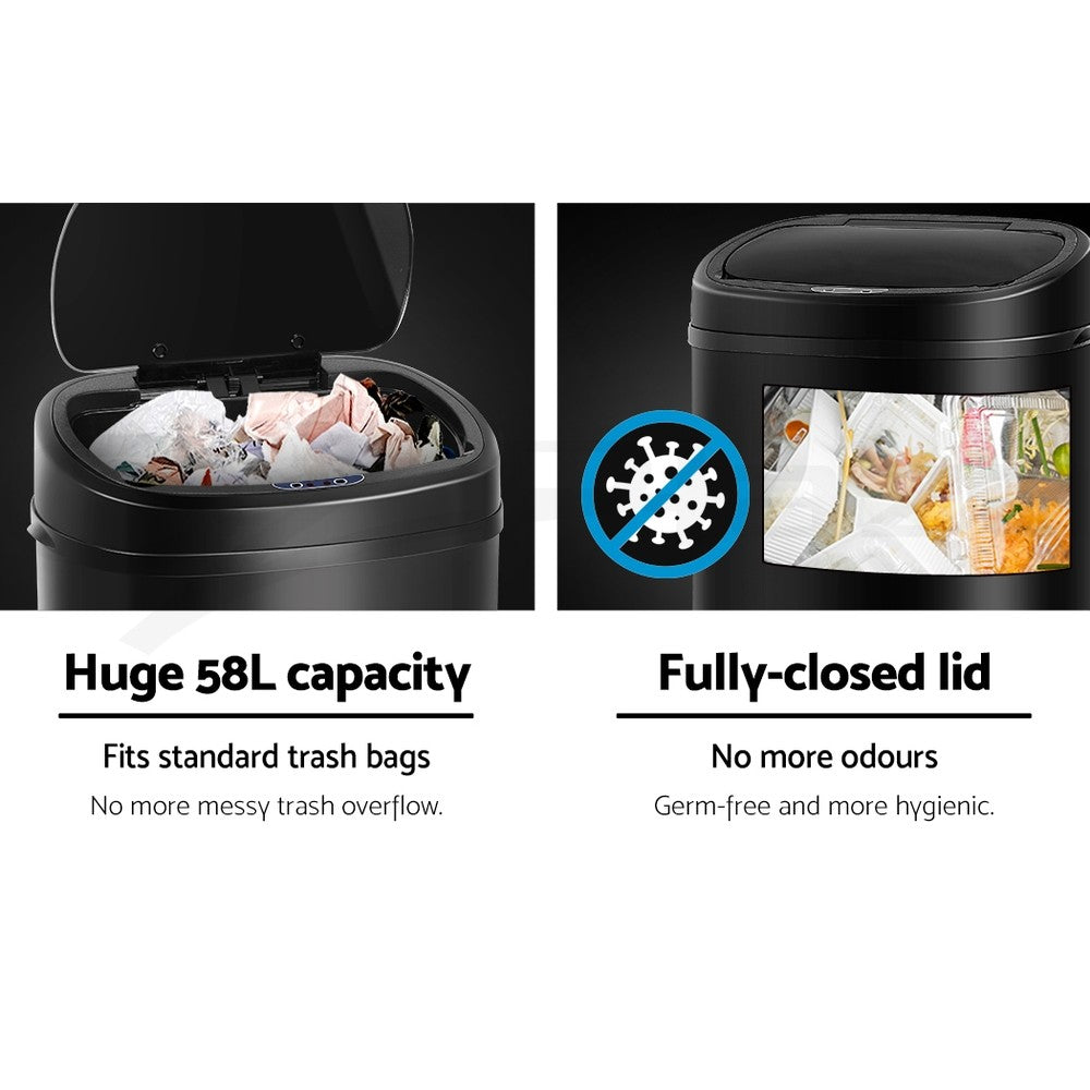 Devanti 58L Motion Sensor Bin Rubbish Automatic Trash Can Kitchen Black