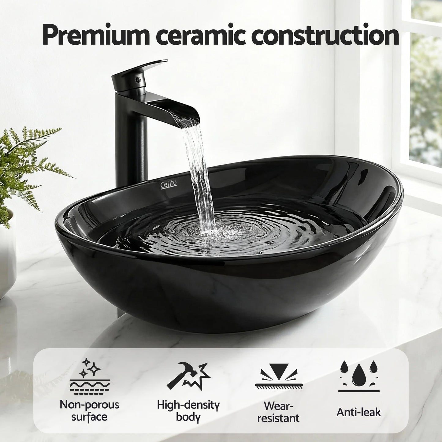 Cefito Bathroom Basin Vanity Sink Vessel Bowl Ceramic Wash Oval Countertop Black