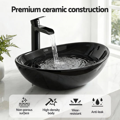 Cefito Bathroom Basin Vanity Sink Vessel Bowl Ceramic Wash Oval Countertop Black