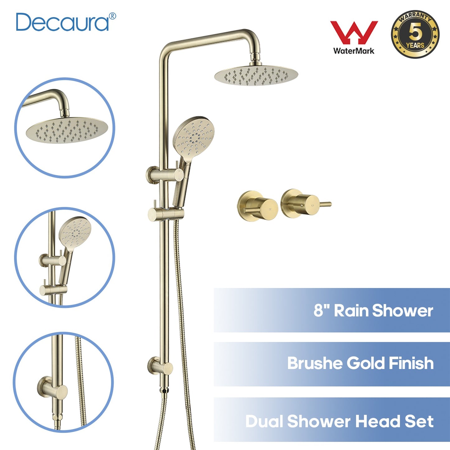 Decaura Shower Head Set Gooseneck Arm Brushed Gold/Black/Chrome/Gunmetal WELS