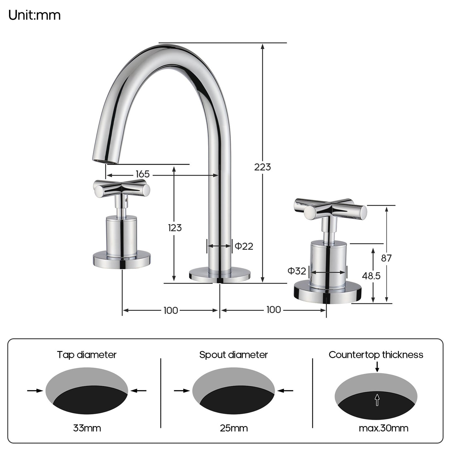Decaura Basin Tap Set Cross Handle 1/4 Turn Mixer Chrome Round Swivel Spout