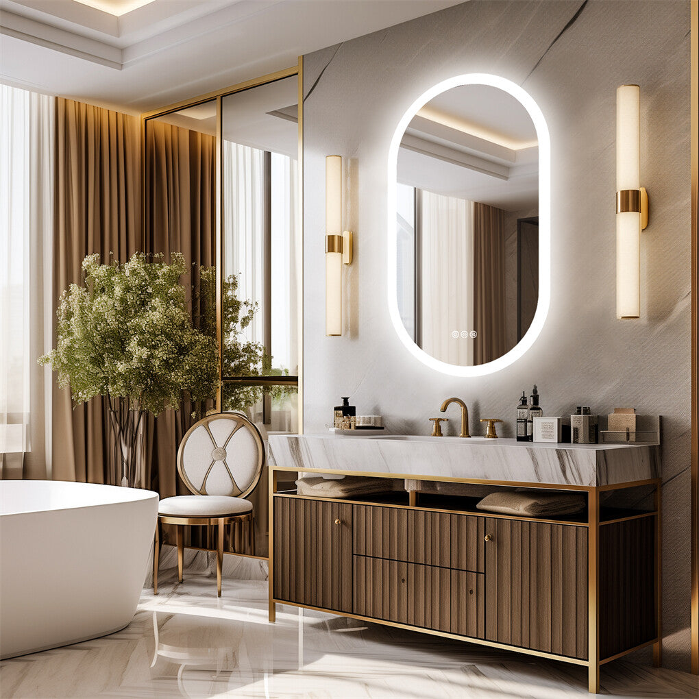 Oval Lighted LED Bathroom Mirror Pill Shaped Anti-Fog Smart Makeup Vanity Mirror