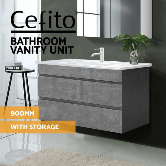 Cefito Vanity Unit 915mm Basin Bathroom Cabinet Storage Wall Hung Sink Grey