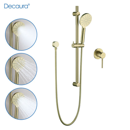 Decaura Shower Rail Set Hand Held Shower Head on Sliding Bar Brushed Gold Taps