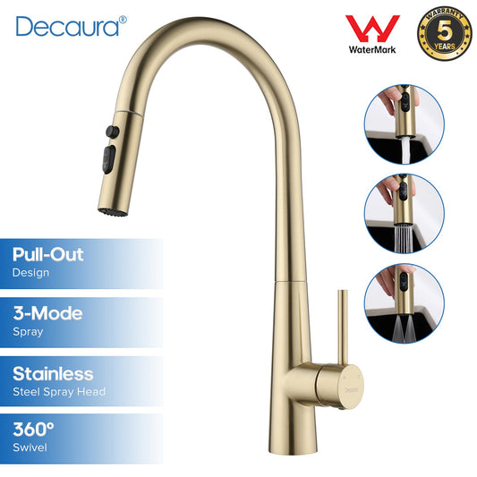 Decaura Kitchen Tap Sink Mixer Faucet Brushed Gold Pull Out 3-Mode Spray Head