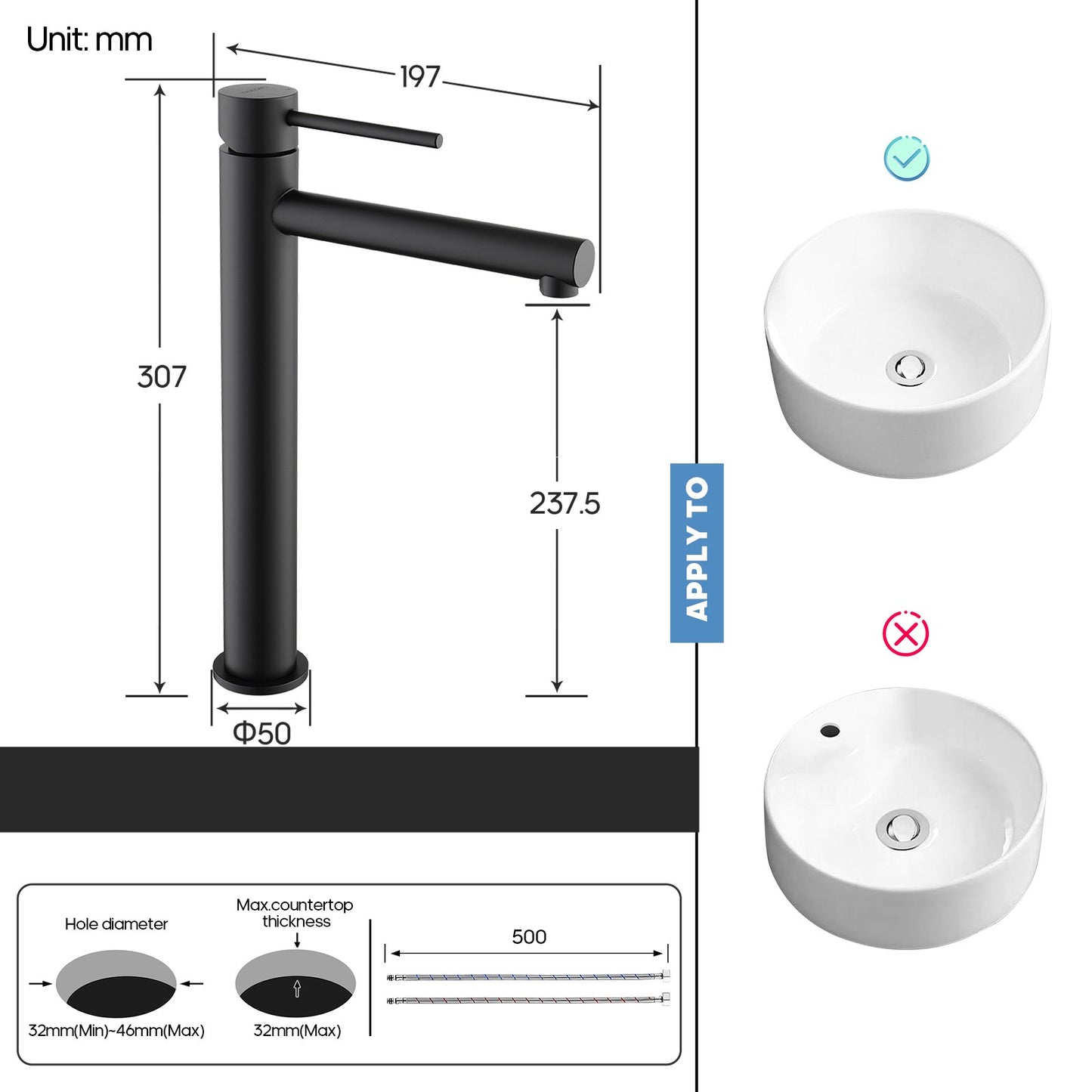 Decaura Black Tall Bathroom Mixer Tap Countertop Basin Faucet Stainless Steel