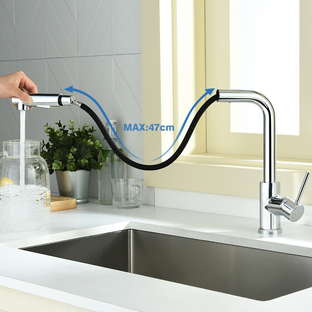 WELS Kitchen Tap Pull Out Sink Mixer Faucet Chrome Right-Angled Form