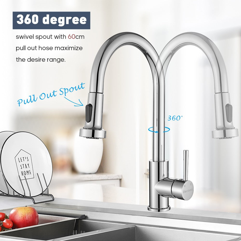 Decaura Kitchen Mixer Tap Pull Out Chrome Sink Faucet 360° Swivel Gooseneck Arm