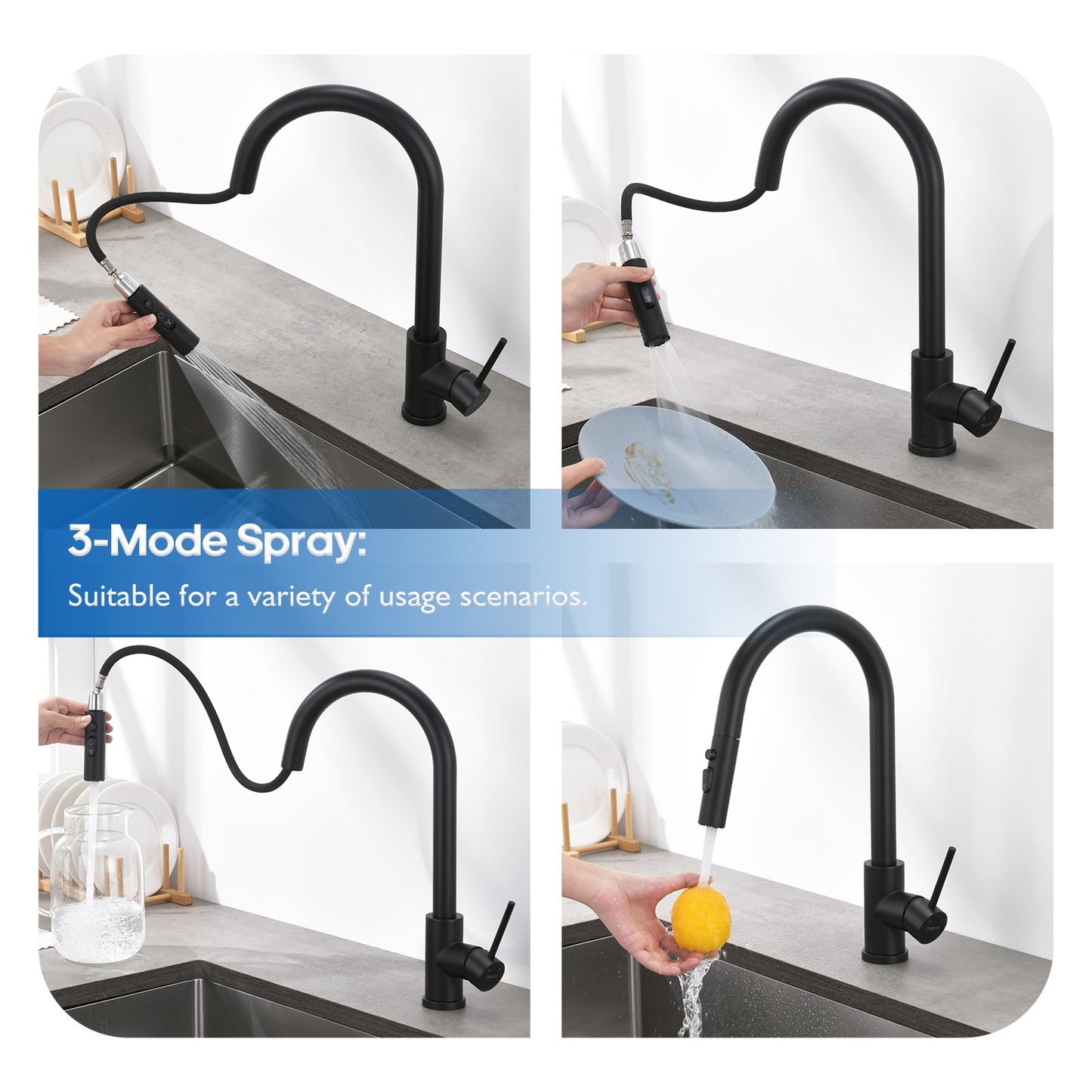 Decaura Kitchen Mixer Tap Pull Out Black 3-Mode Spray Head Sink Faucet Swivel