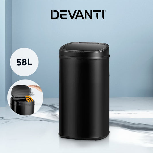Devanti 58L Motion Sensor Bin Rubbish Automatic Trash Can Kitchen Black