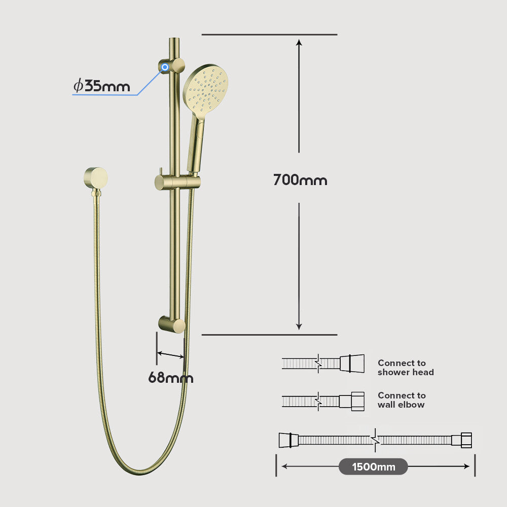 Decaura Brushed Gold Hand Held Shower Head on Sliding Rail Set Adjustable