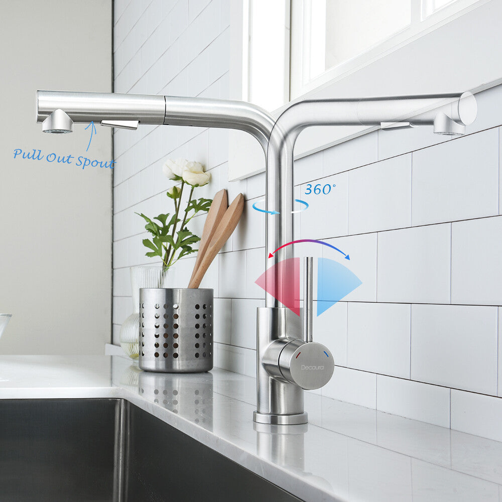 Decaura Kitchen Mixer Tap Pull out 2-Mode Spray Sink Taps Swivel Brushed Nickel