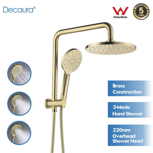 Decaura 9" Rain Shower Head Set Brushed Gold Gooseneck Arm 3-Mode Hand Held