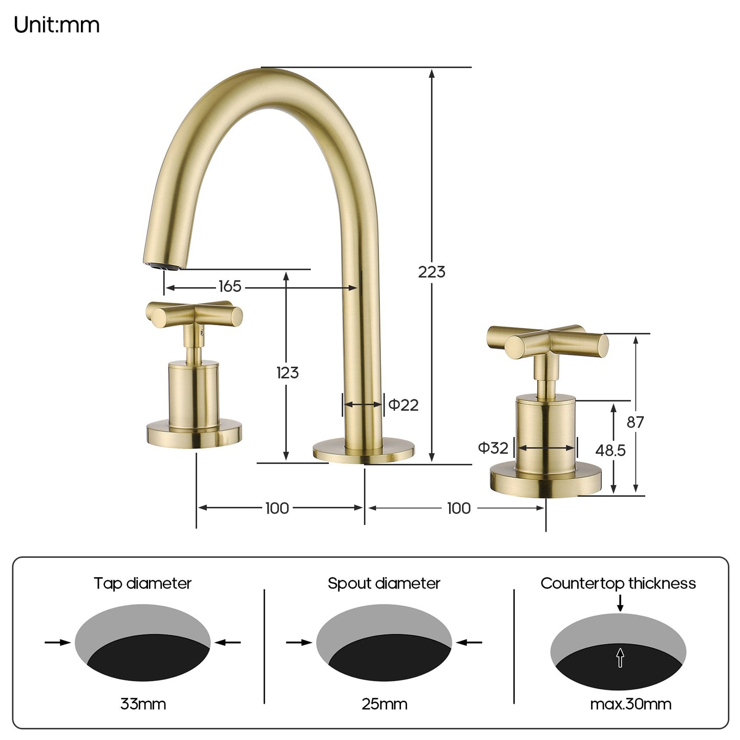 Decaura Basin Tap Set Brushed Gold Cross Handle 1/4 Turn Swivel Spout Bathroom
