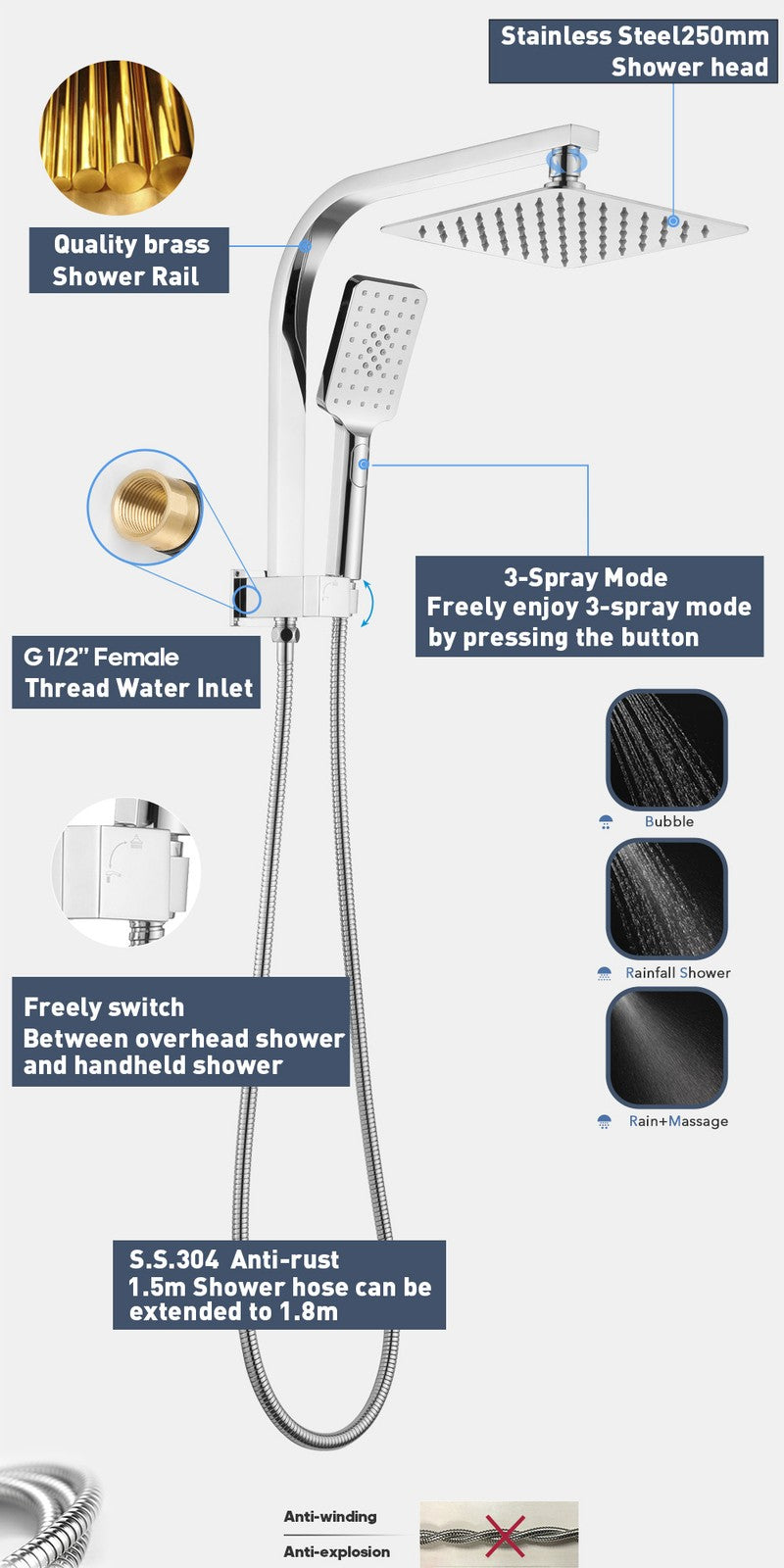 Decaura Shower Head Set 2 in 1 System Gooseneck Arm Chrome Wall Mount Mixer Taps