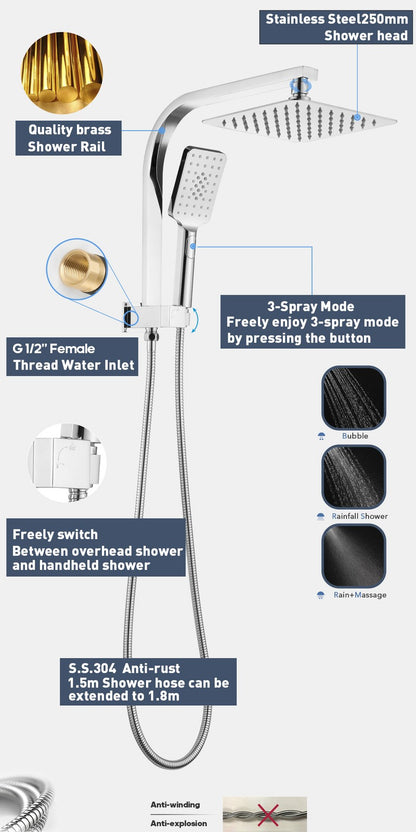Decaura Shower Head Set 2 in 1 System Gooseneck Arm Chrome Wall Mount Mixer Taps