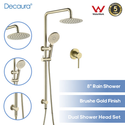 Decaura 8" Rain Shower Head Set Brushed Gold Gooseneck Long Rail Shower Taps