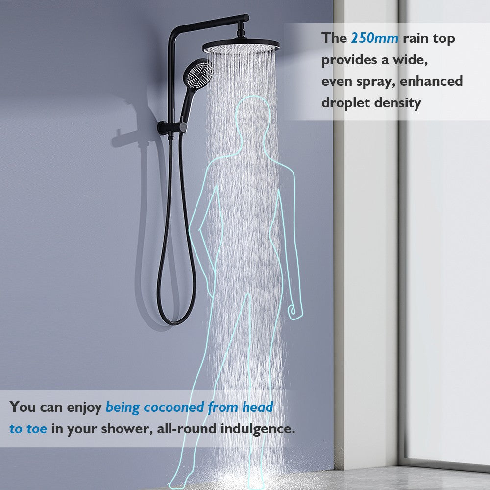 Decaura 10" Rain Shower Head Set Black Round Gooseneck Shower Arm Wall Tapware
