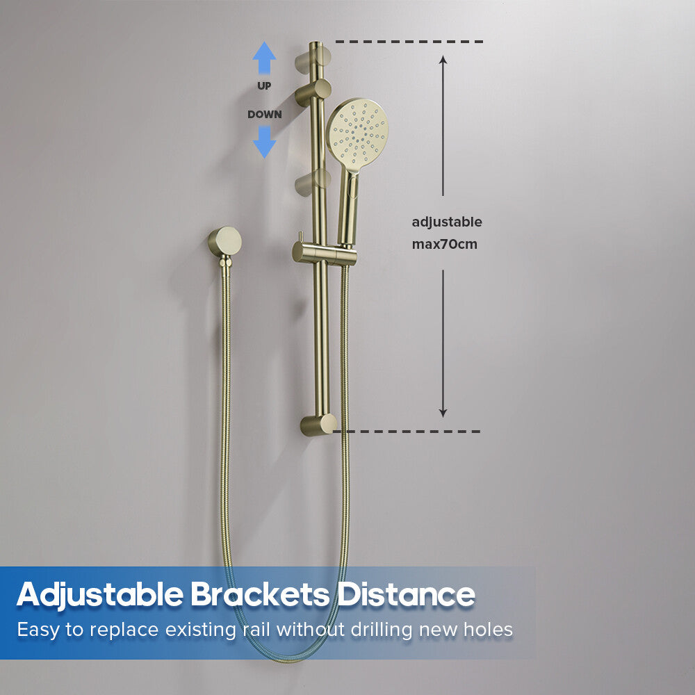 Decaura Shower Rail Set Hand Held Shower Head on Sliding Bar Brushed Gold Taps