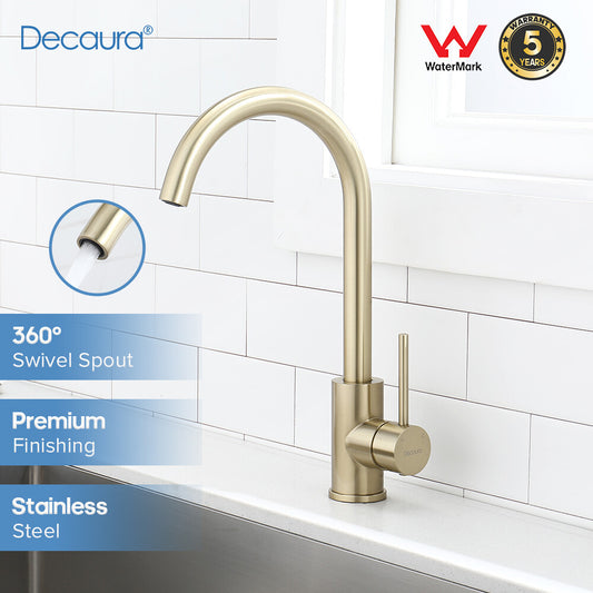 Decaura Kitchen Mixer Tap Brushed Gold Stainless Steel Sink Laundry Taps Swivel