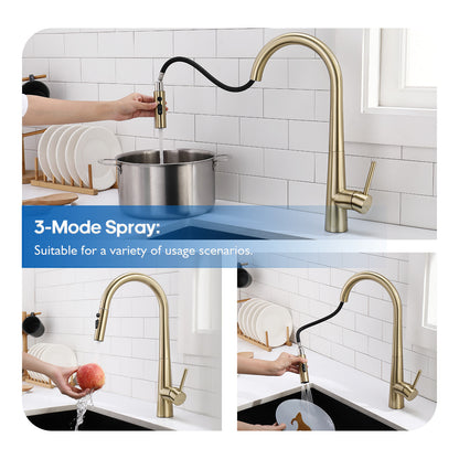 Decaura Kitchen Tap Sink Mixer Faucet Brushed Gold Pull Out 3-Mode Spray Head