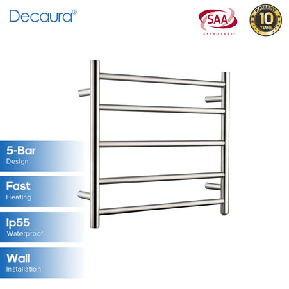 Decaura Wall Mounted Heated Towel Rail 5 Bar 304 Stainless Steel Brushed Round