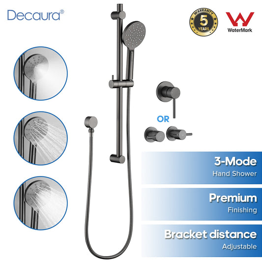 Decaura 3-Mode Hand Held Shower Head Set SHower Rail Brushed Gunmetal Mixer Taps
