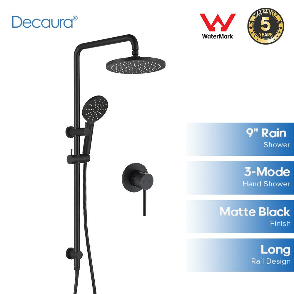 Decaura Shower Head Set Black 9" Rainfall Round Bathroom Wall Mount Mixer Taps