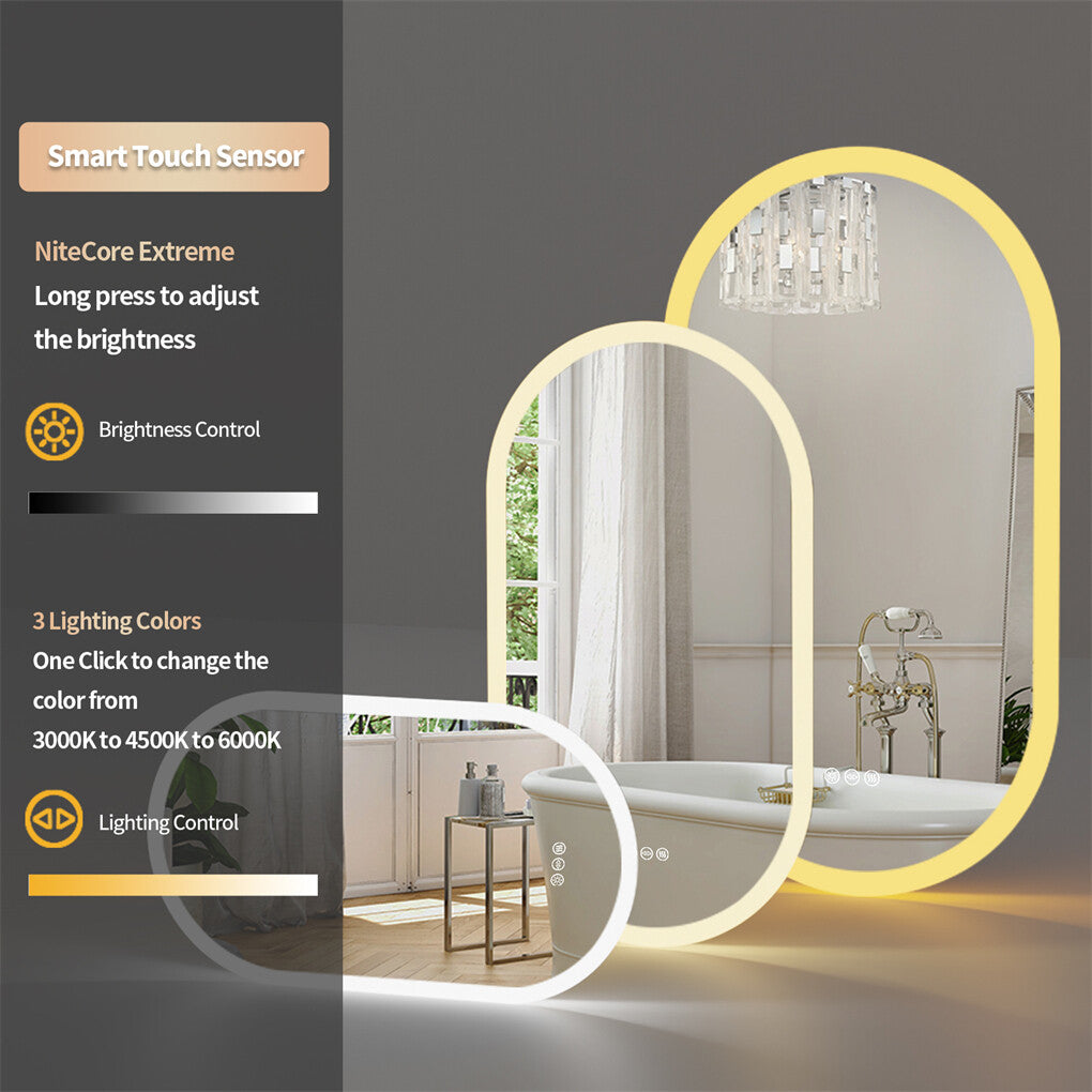 Oval Lighted LED Bathroom Mirror Pill Shaped Anti-Fog Smart Makeup Vanity Mirror