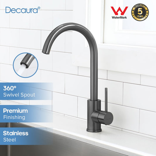 Decaura Kitchen Sink Mixer Tap Brushed Gunmetal Grey Swivel Gooseneck Arm Round