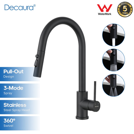 Decaura Kitchen Mixer Tap Pull Out Black 3-Mode Spray Head Sink Faucet Swivel