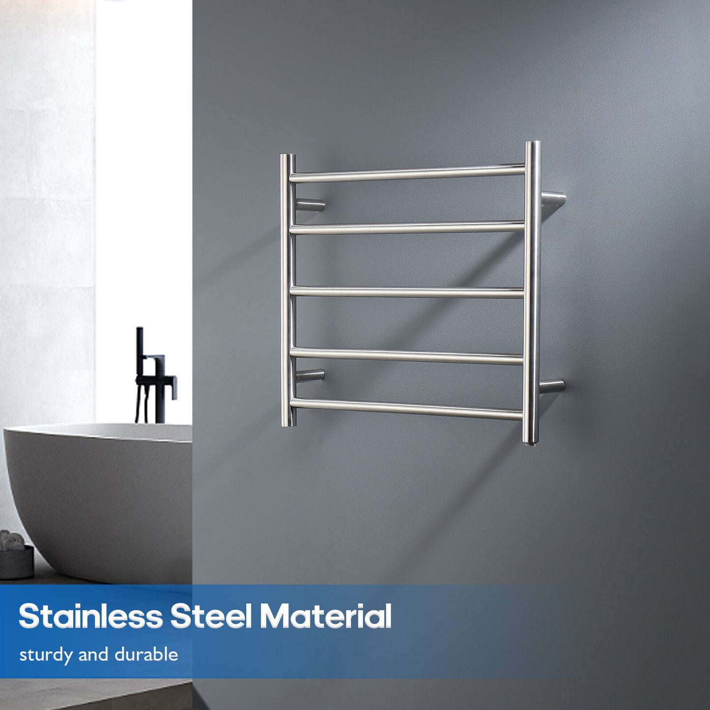 Decaura Wall Mounted Heated Towel Rail 5 Bar 304 Stainless Steel Brushed Round