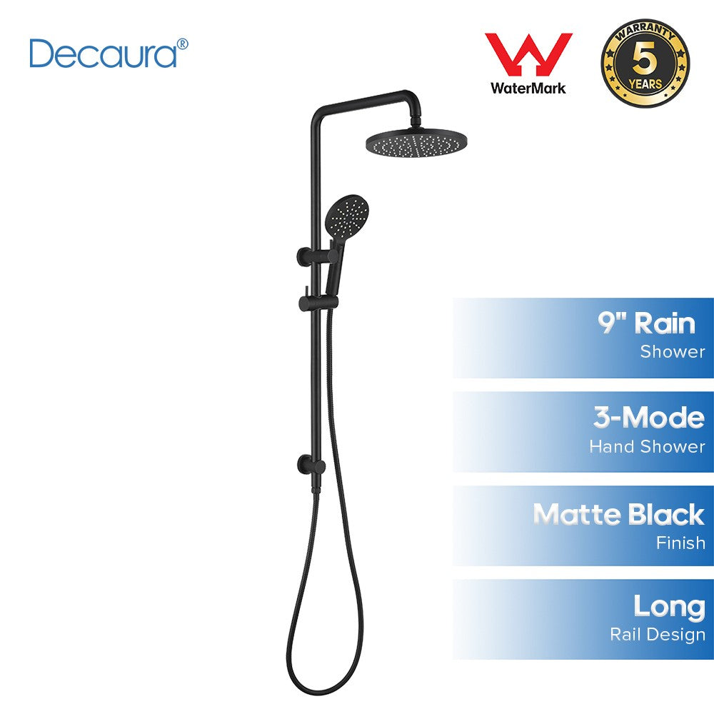 Decaura 9" Rain Shower Head Set Black Round Long Rail Gooseneck Arm Bathroom