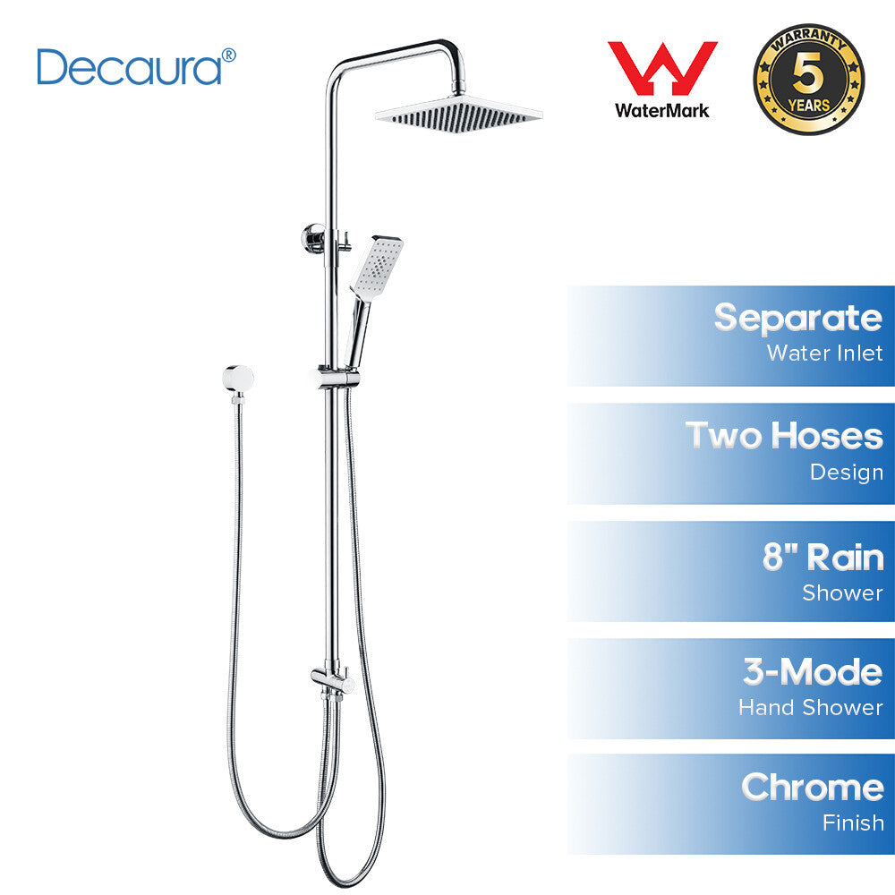 Decaura Shower Head Set 2-Hose Design Square 8" Rain Shower Wall Tapware Chrome