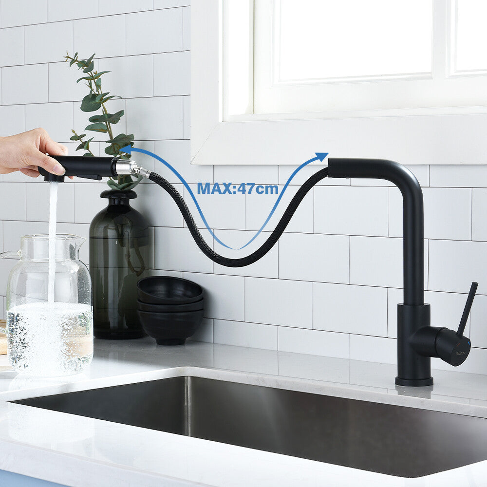 WELS Kitchen Mixer Tap Pull out Sink Faucet 2-Mode Sprayer Matte Black Swivel