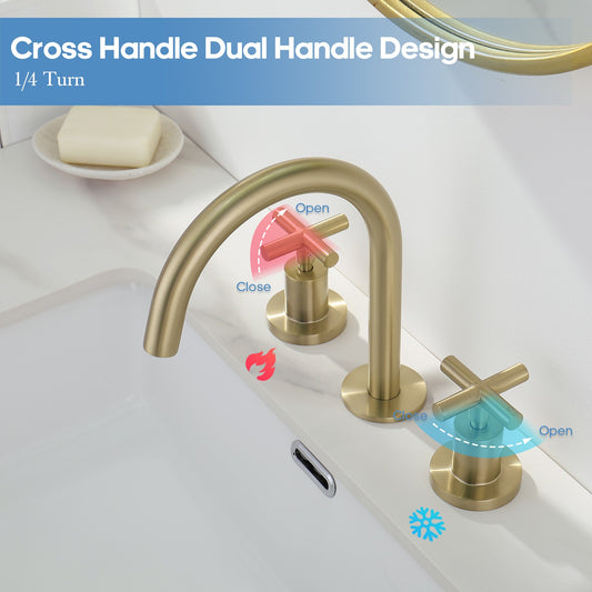 Decaura Basin Tap Set Brushed Gold Cross Handle 1/4 Turn Swivel Spout Bathroom