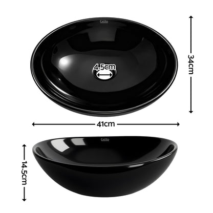 Cefito Bathroom Basin Vanity Sink Vessel Bowl Ceramic Wash Oval Countertop Black