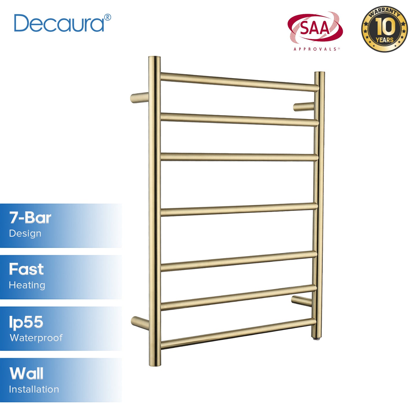 Decaura Wall Mounted Heated Towel Rail 7 Bars 304 Stainless Steel Round/Square