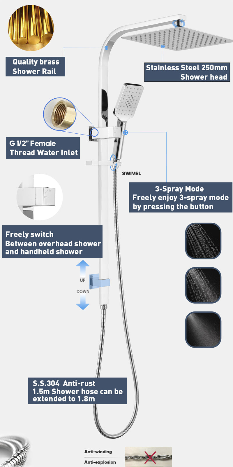 Decaura Square 10" Rain Shower Head Rail Set Dual 2 in 1 Gooseneck Arm Chrome