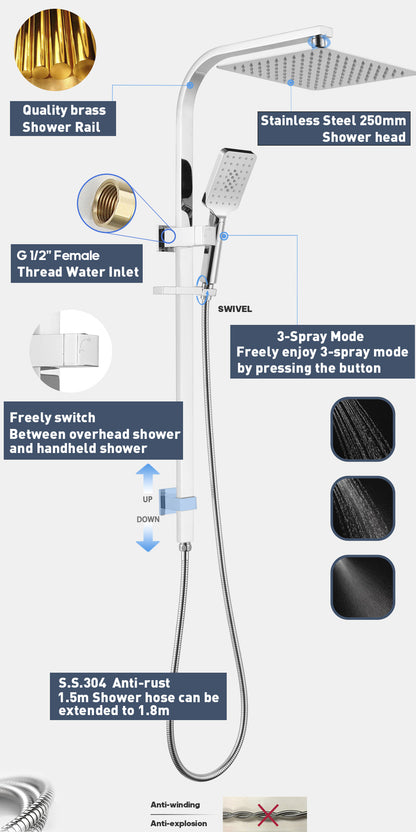 Decaura Square 10" Rain Shower Head Rail Set Dual 2 in 1 Gooseneck Arm Chrome